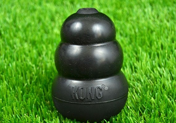 Kong Extreme Black Rubber Chew Toy sentado sobre el cÃ©sped